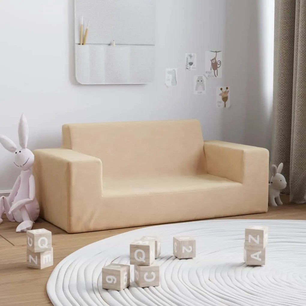 341818 vidaXL Canapea pentru copii cu 2 locuri, crem, pluș moale