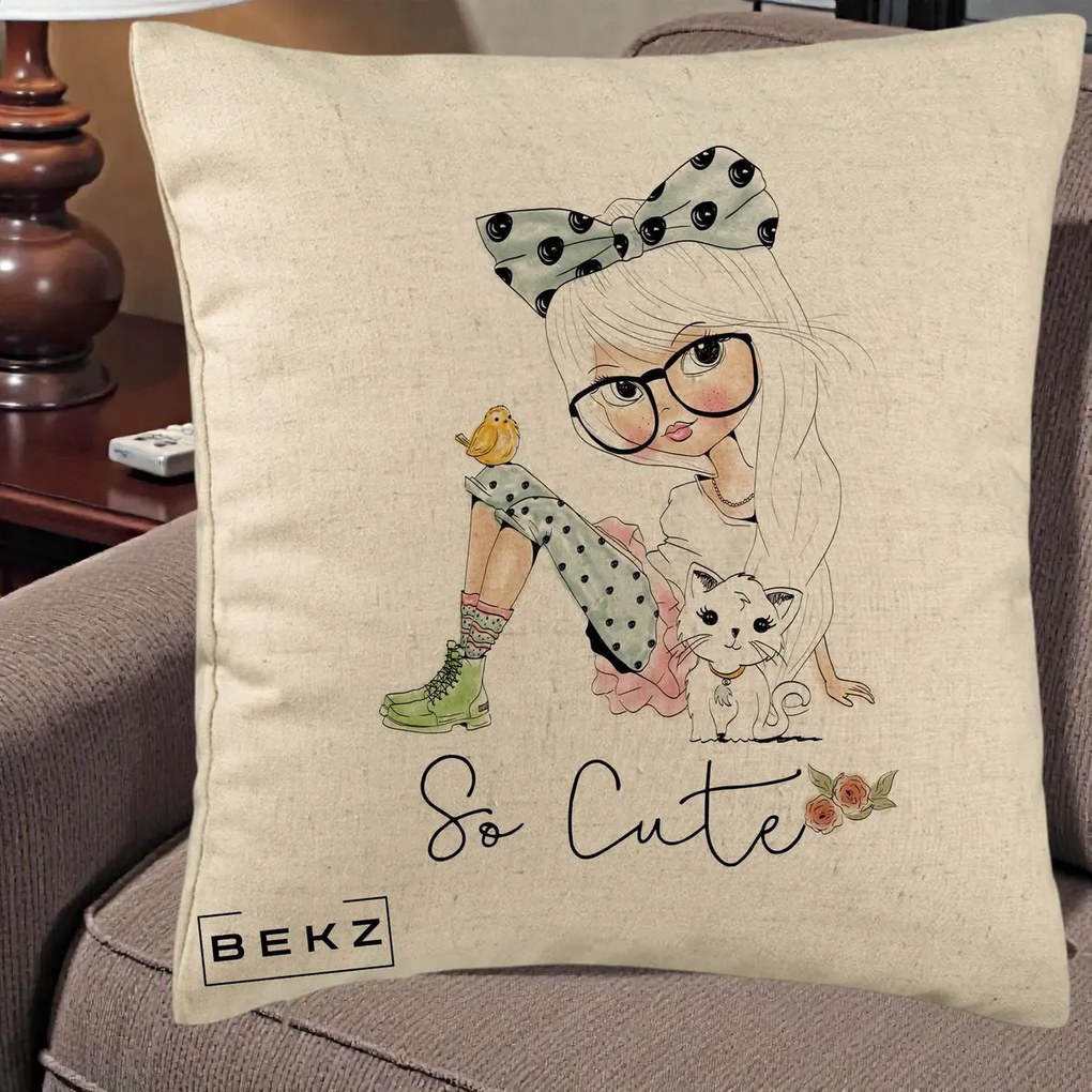 Perna Decorativa So Cute Fata Fashion, 40x40 cm, Bej, Husa Detasabila, Perna Inclusa, BEKZ®