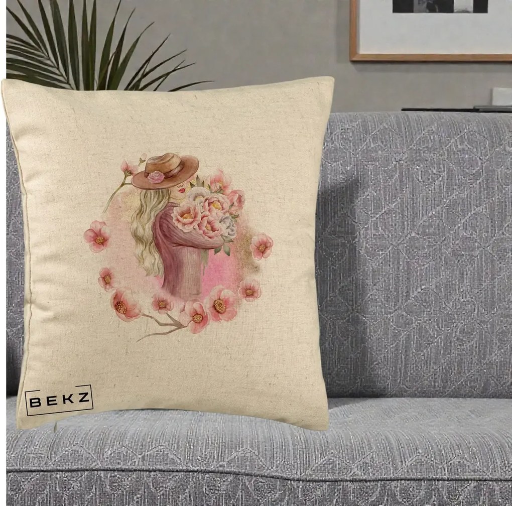 Perna Decorativa Femeie cu Flori Roz Acuarela, 40x40 cm, Bej, Husa Detasabila, Perna Inclusa, BEKZ®