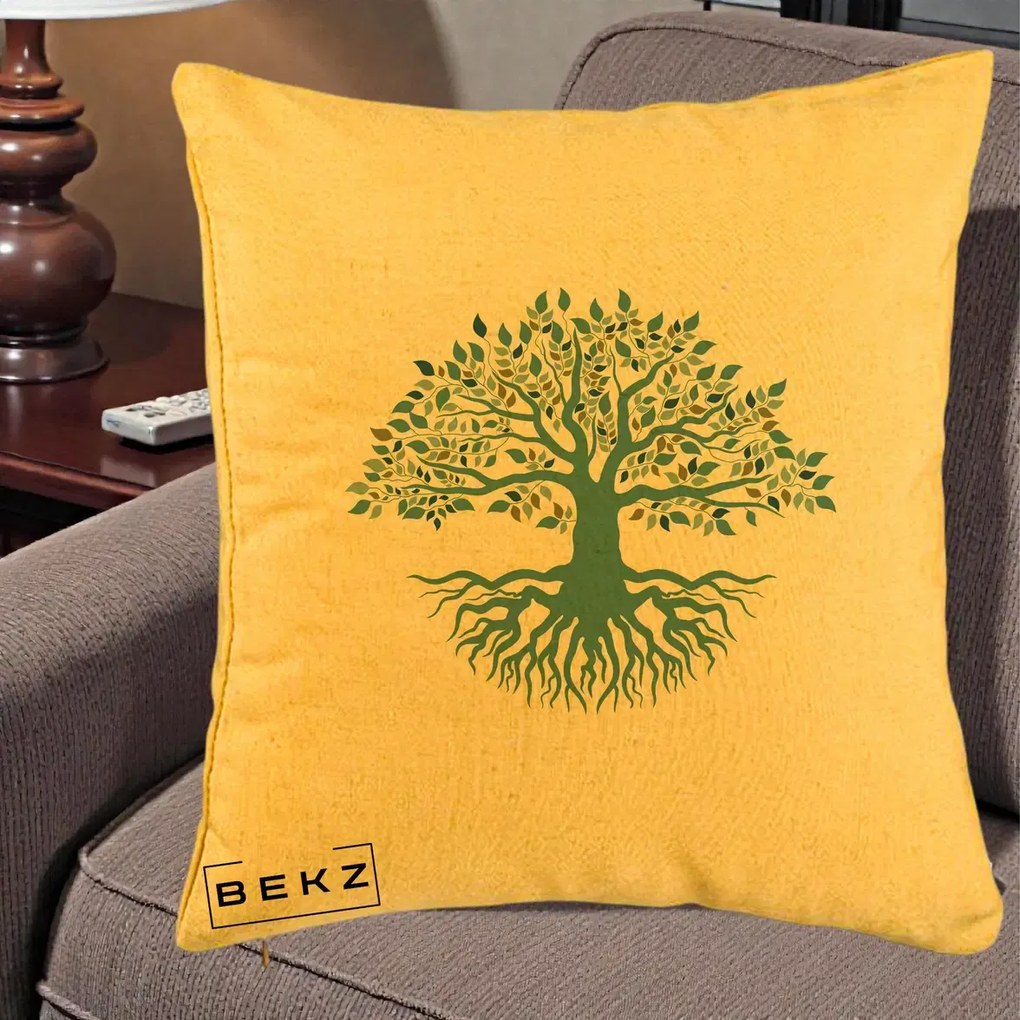 Perna Decorativa Copacul Vietii Teal cu Radacini, 40x40 cm, Galben, Husa Detasabila, Perna Inclusa, BEKZ®