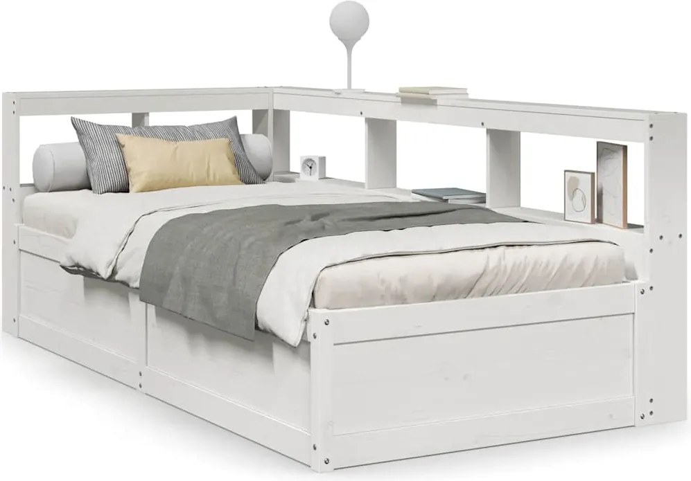 vidaXL Pat cu bibliotecă fără saltea, alb, 90x190 cm, lemn masiv pin