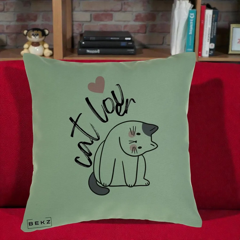 Perna Personalizata Cat Lover Pisica Ilustratie Linie, 40x40 cm, Verde, Husa Detasabila, Perna Inclusa, BEKZ®
