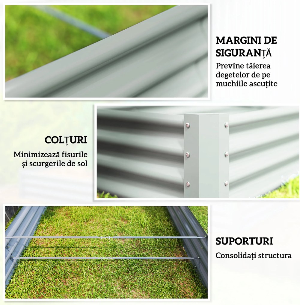 Outsunny Pat de Grădină Înălțat din Oțel Galvanizat, 240 x 120 x 30 cm, Jardinieră Înălțată pentru Exterior cu Fund Deschis pentru Legume, Flori, Plante Aromatice, Argintiu | Aosom Romania