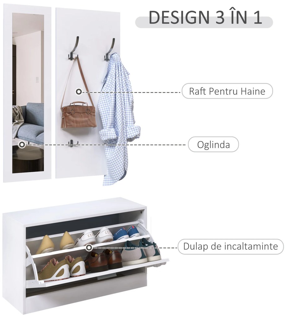 HOMCOM Set 3 Piese Suport pantofi Suport haine Oglinda pentru Hol sau Dormitor, din Lemn, 80x27x46,5cm, Alb | Aosom Romania