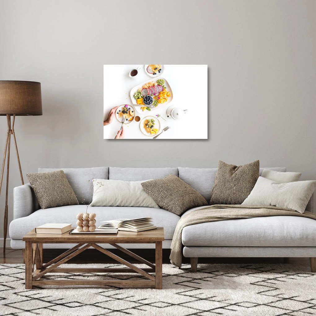 Tablou pe sticlă cu farfurie cu fructe pe masă (70x50 cm)