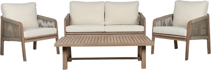 Set lounge exterior premium din lemn de acacia cu frânghie împletită, canapea, 2 fotolii și măsuță cu perne din stofă, „Capri”