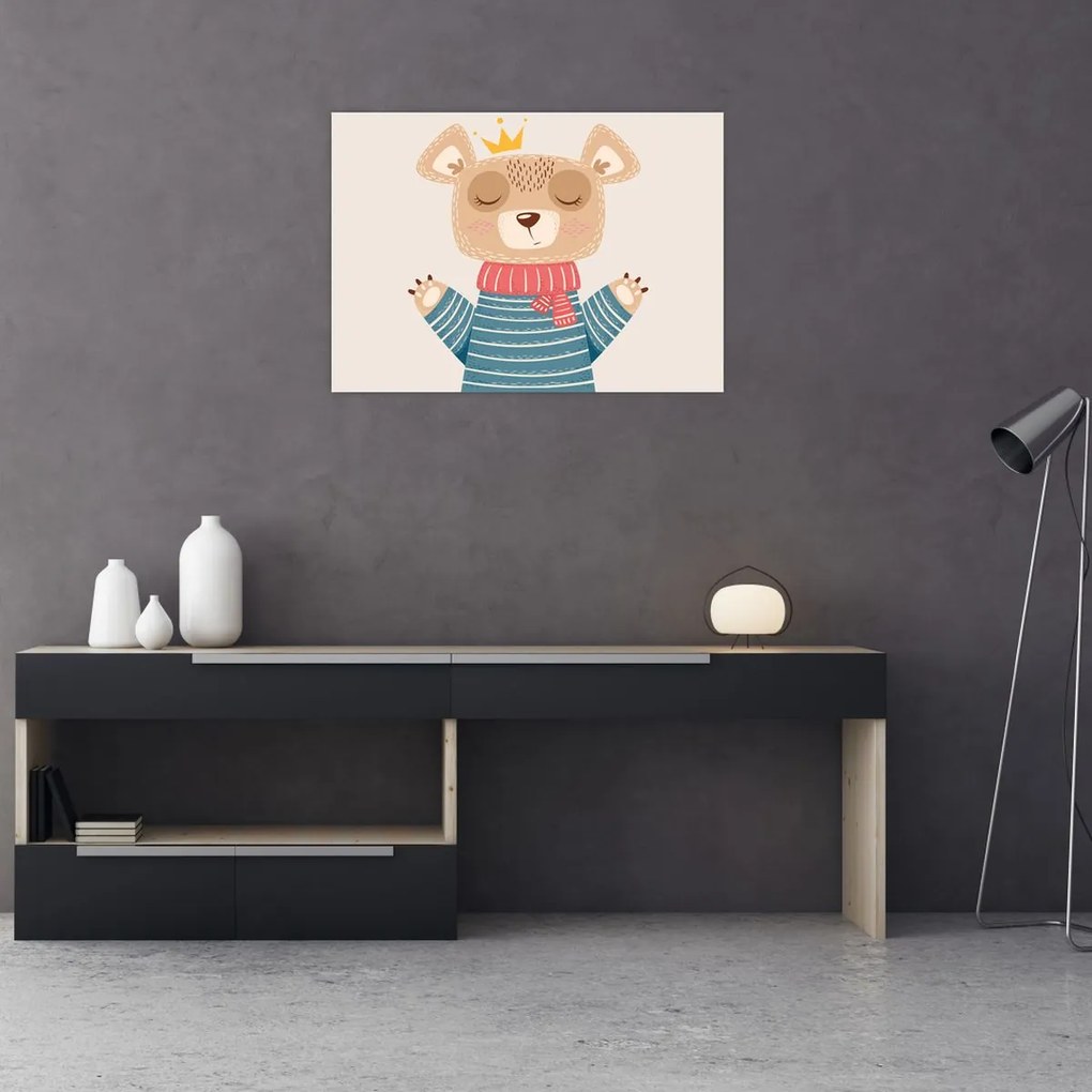 Tablou pe sticlă - Bej ursuleț de pluș cu coroană (70x50 cm)