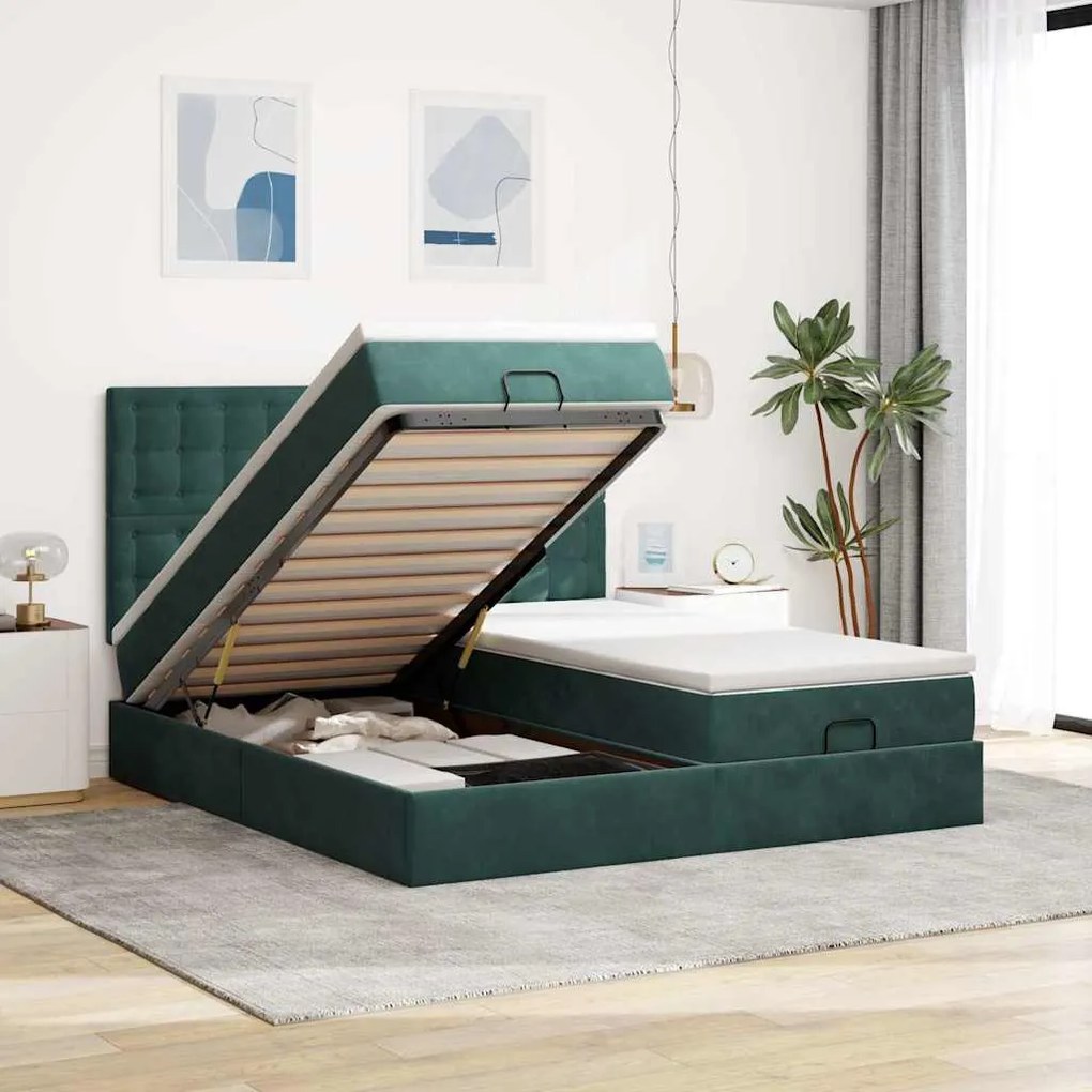 vidaXL Cadru de pat otoman cu saltele, catifea verde închis 180x200cm