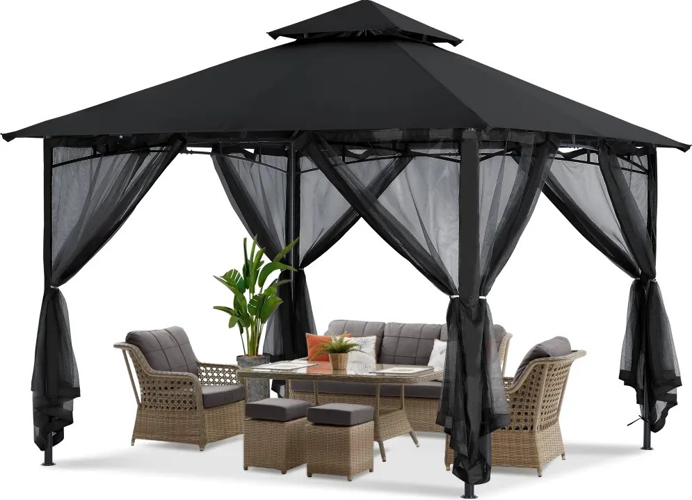 ABCCANOPY Foișor de gradina 3.3x3.3 m - Foișor exterior cu cadru din oțel și plasă de țânțari pentru gazon, curte, grădină, terasă, Negru