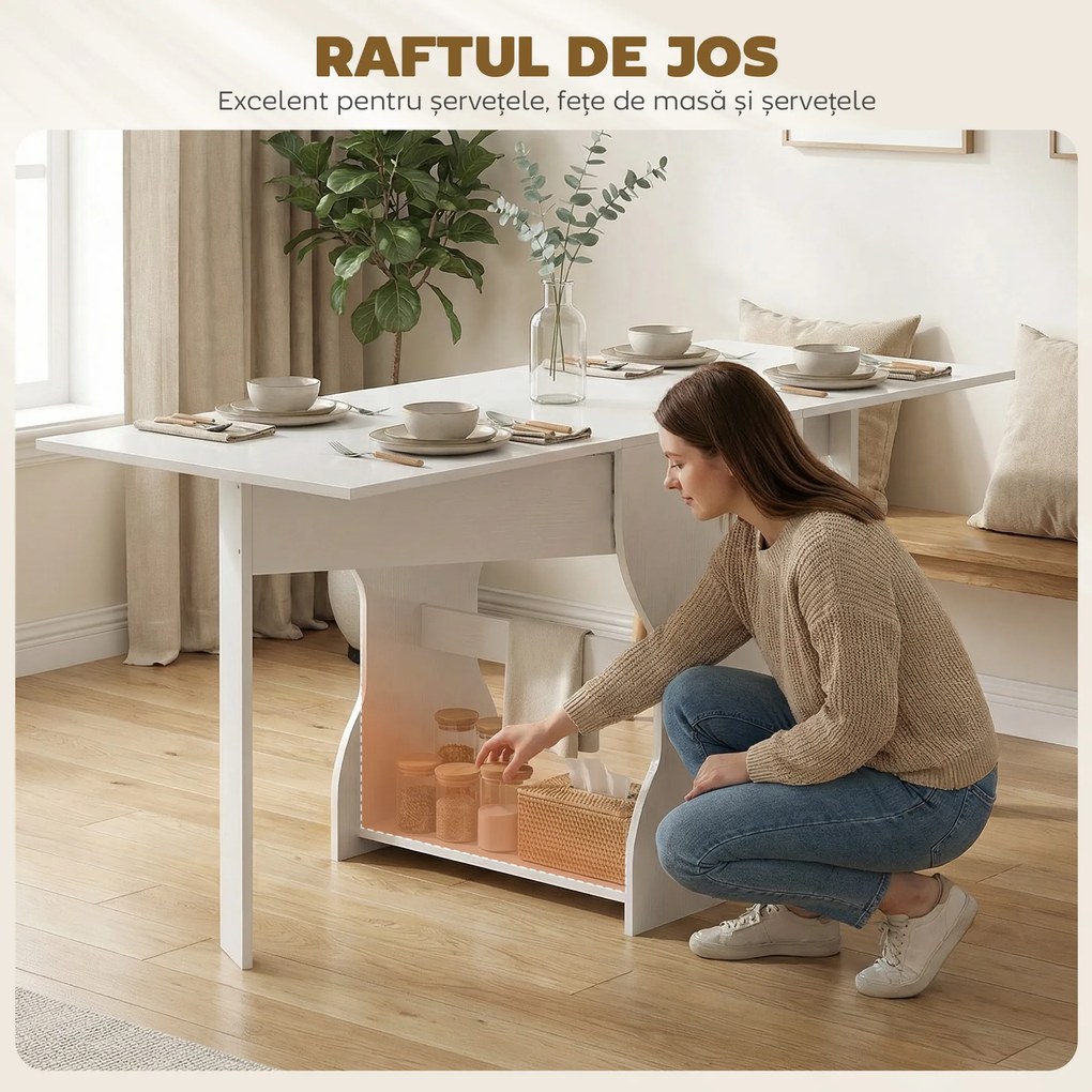 HOMCOM Masă de Bucătărie Pliabilă pentru 4 Persoane cu Raft, din Lemn, 160x60x75 cm, Alb | Aosom Romania