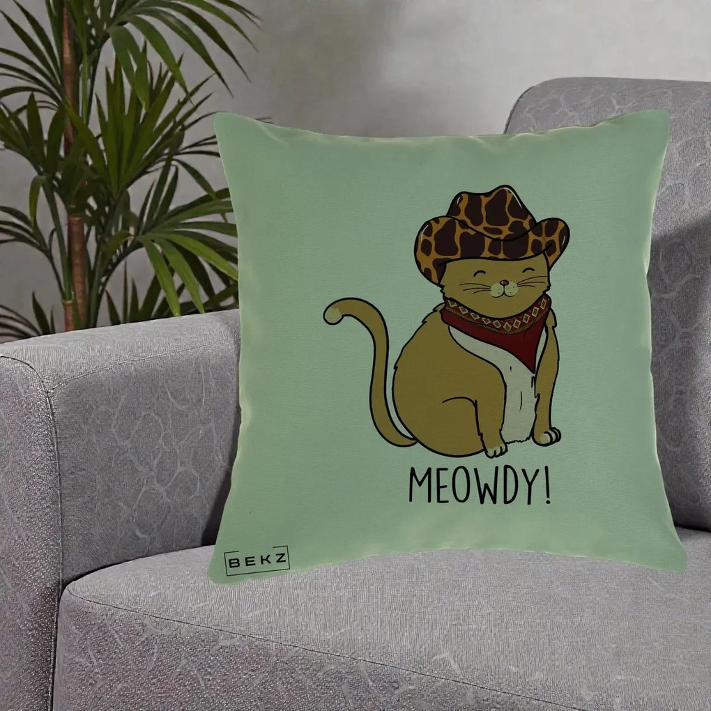 Perna Decorativa Pisica Cowboy Meowdy, 40x40 cm, Verde, Husa Detasabila, Perna Inclusa, BEKZ®