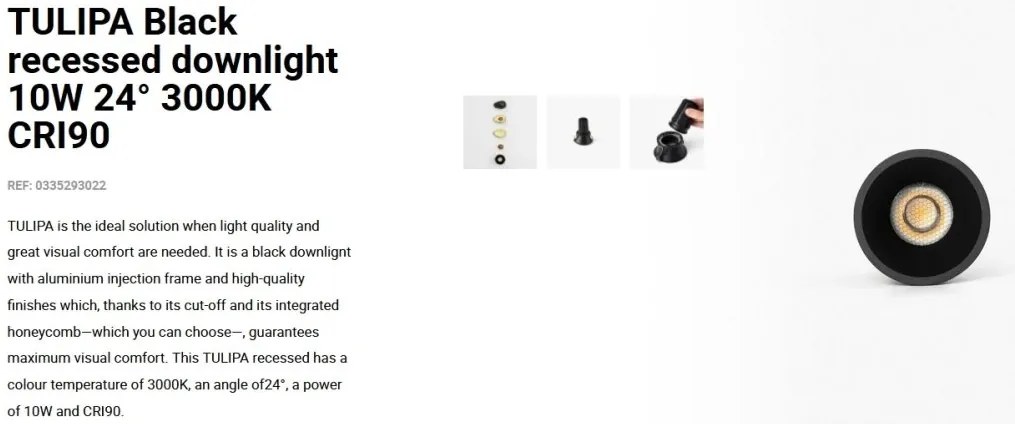 Spot LED incastrabil TULIPA Black recessed downlight 10W 24° 3000K CRI90