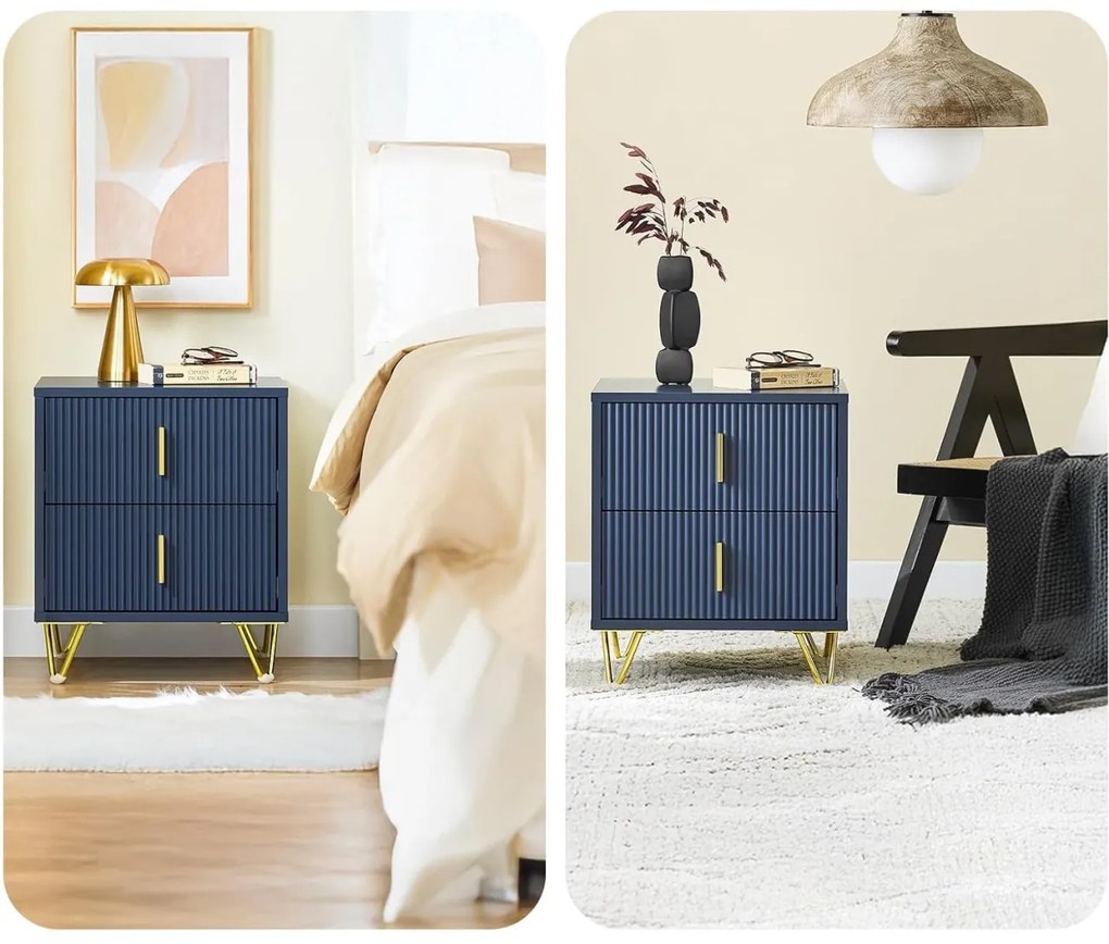 NOAL3 - Set 2x Noptiere, 40 cm, cu 2 sertare, Riflaje - Albastru - Auriu