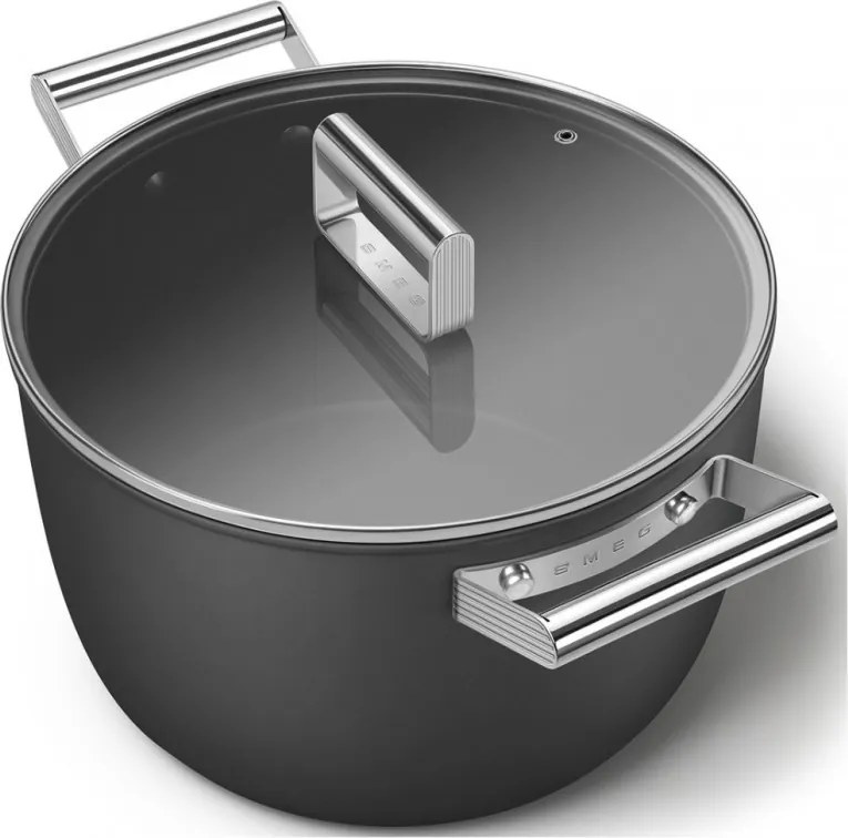 Oala cu capac SMEG CKFC2611BLM, 7,7 l, Ø26 cm, Acoperire cu teflon, Pana la 250°C, Inductie, Negru