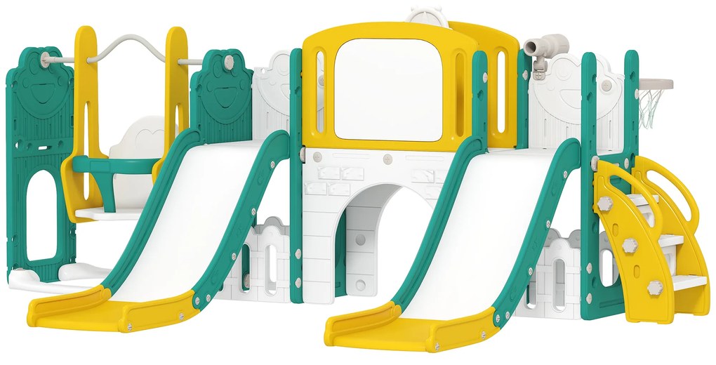 AIYAPLAY Set de topire și leagăn 9 în 1 pentru Copii, cu Coș de Baschet, Telescop, Tablă de Desen, Design de Broască, Galben+Verde | Aosom Romania