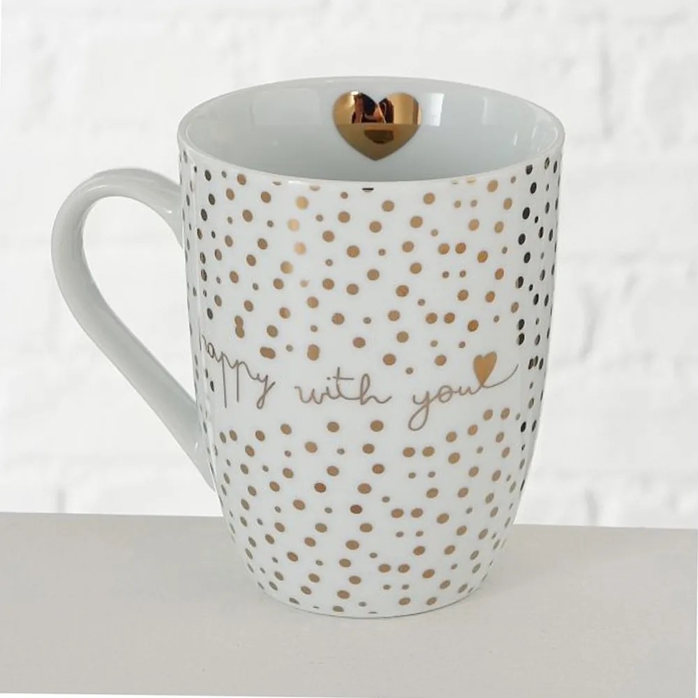 Cana cafea/ceai happy with you, portelan, 330 ml, alb/auriu