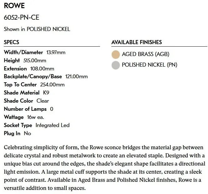 Aplica de perete LUX Rowe 6052-PN-CE HVL