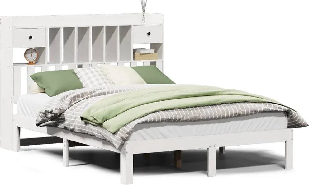 vidaXL Pat cu bibliotecă fără saltea, alb, 160x200 cm, lemn masiv pin