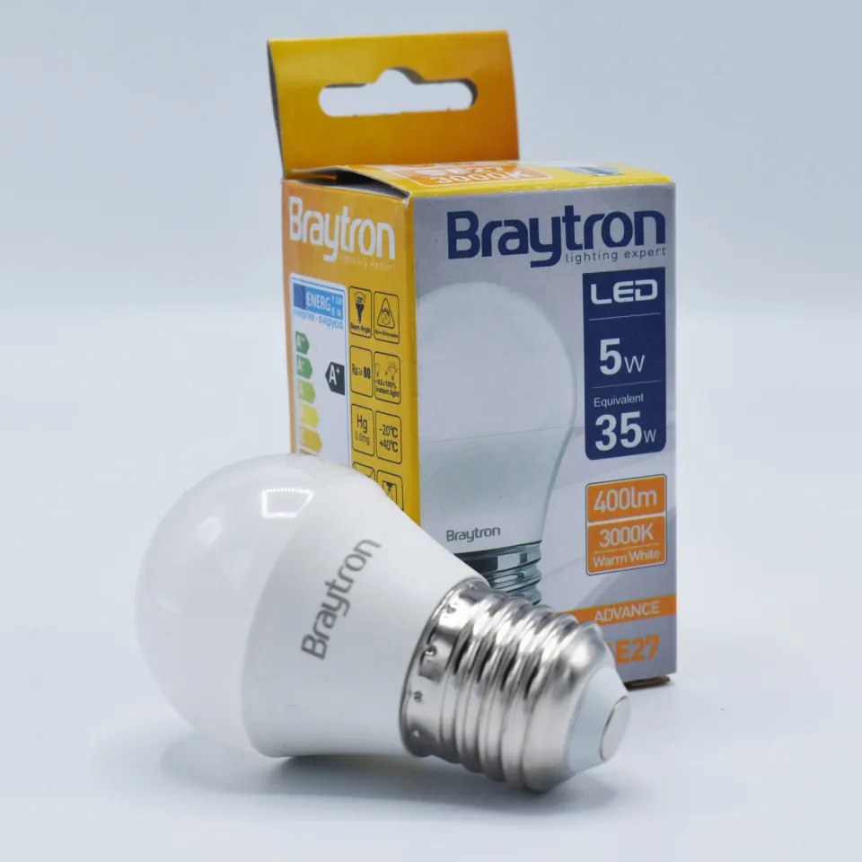 Bec LED 5W(35W) Braytron, G45, E27, 450 lm, lumina calda (3000 K), clasa energetica F