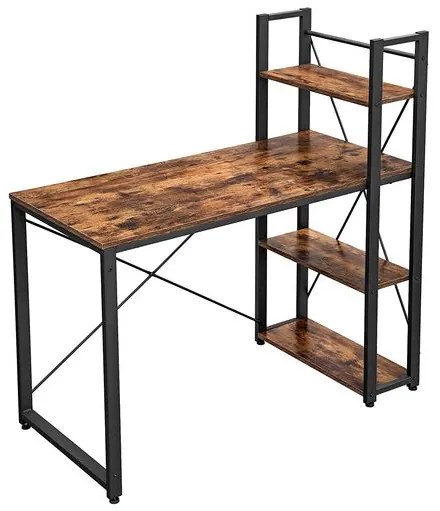 Birou calculator, Mufart, pal si otel, 3 rafturi, maro rustic, max 50 kg, 120x60x120 cm