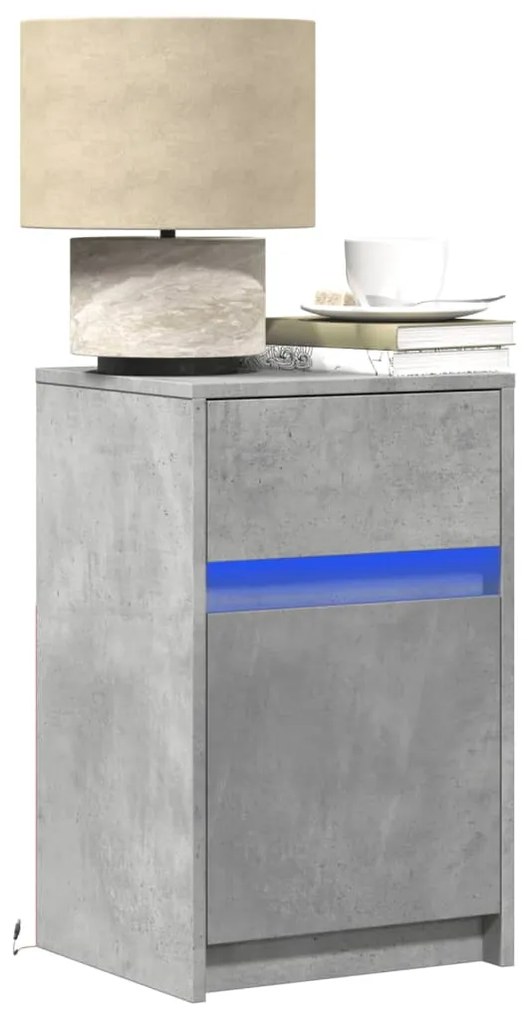 vidaXL Noptiere cu lumini LED, 2 buc., gri beton, lemn prelucrat