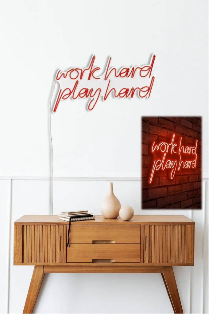 Decoratiune luminoasa LED de perete Work Hard Play Hard Rosu 55x36x2 cm