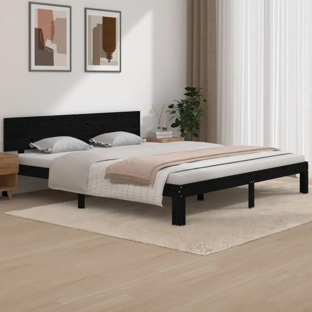 Cadru de pat Super King 6FT, negru, 180x200 cm, lemn masiv Negru, 180 x 200 cm