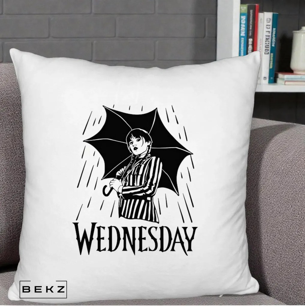 Perna Personalizata Wednesday cu Umbrela Ploaie Lineart, 40x40 cm, Alb Pufos, Husa Detasabila, Perna Inclusa, BEKZ®