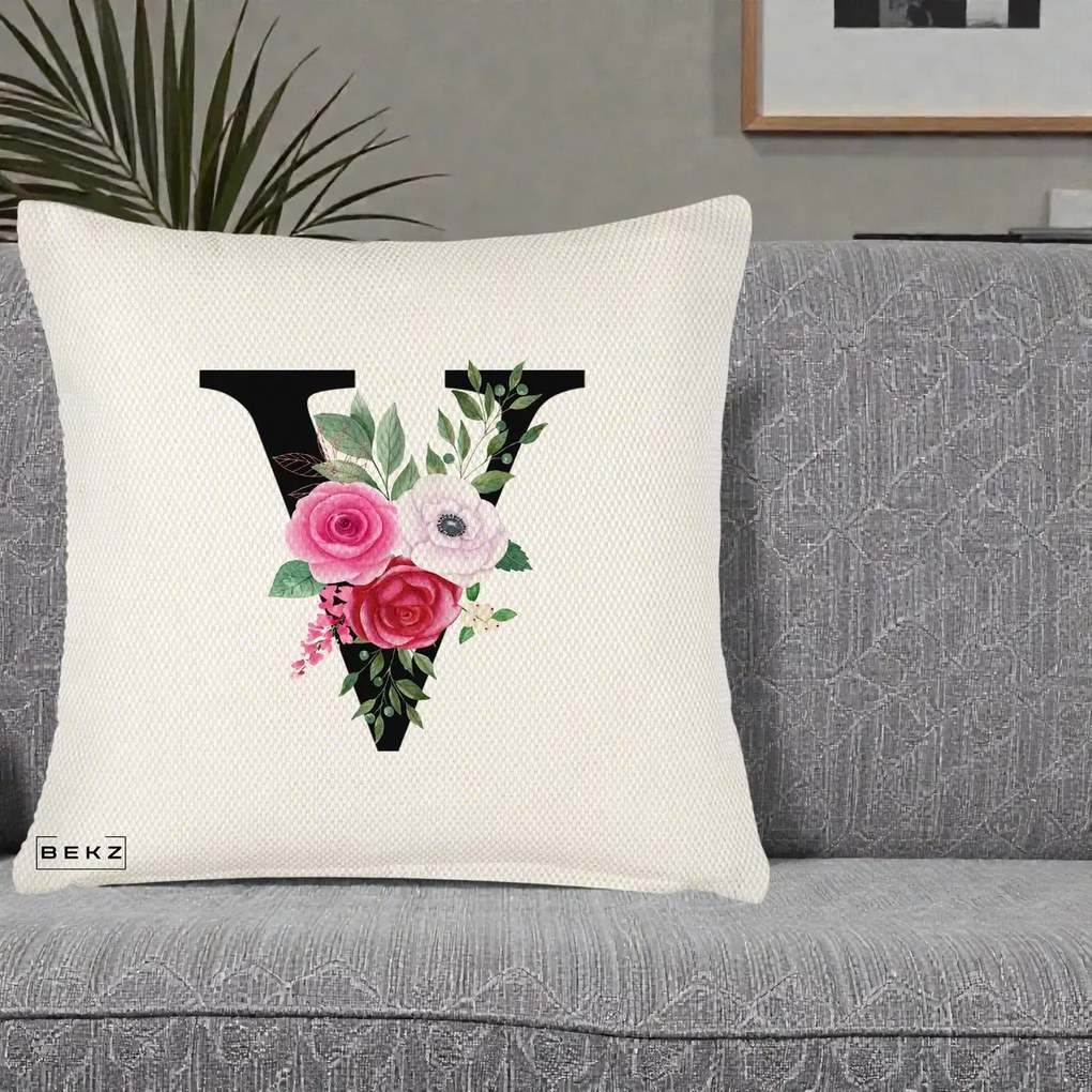 Cadou Personalizat - Perna Personalizata Monograma Florala Litera V cu Buchet, 40x40 cm, Crem Reliefat, Husa Detasabila, Perna Inclusa, BEKZ®