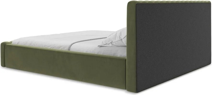Pat matrimonial verde tapițat cu spațiu de depozitare cu somieră 140x200 cm Lemi – Makamii