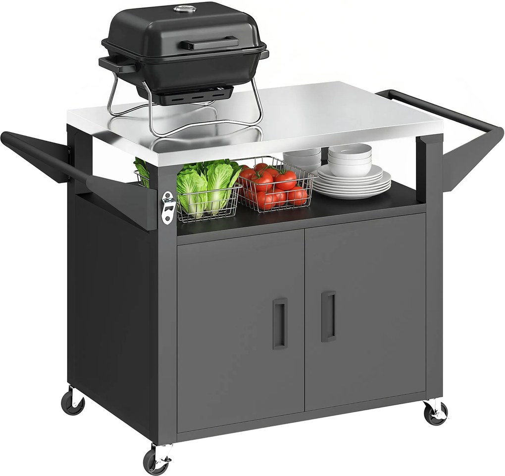 Outsunny Cărucior de bucătărie cu roți, cărucior de servire, cărucior cu dulap, mânere, suprafață din oțel inoxidabil 117 x 55 x 78 cm Negru | Aosom Romania