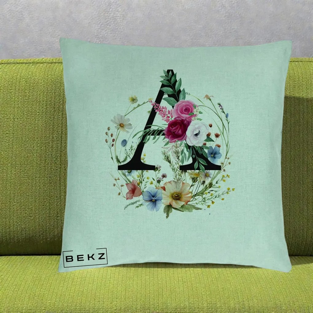 Cadou Personalizat - Perna Personalizata Monogram Litera A cu Flori Acuarela, 40x40 cm, Verde Menta, Husa Detasabila, Perna Inclusa, BEKZ®
