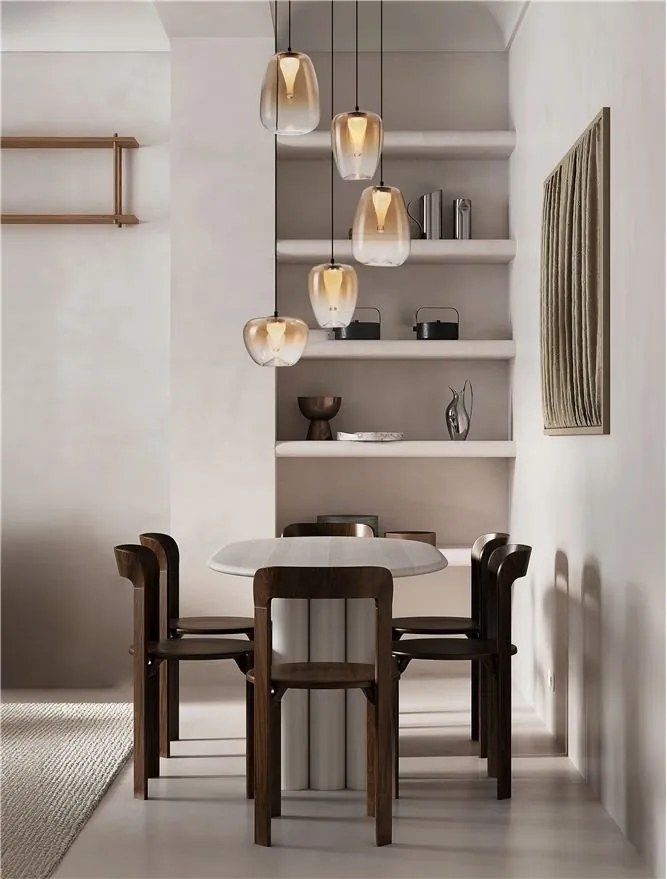 Lustra moderna cu 5 pendule LED, Metal, Sticla, Chihlimbar, OBLO