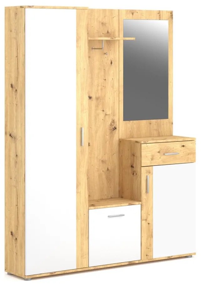 NOLAN – panou de hol cu oglindă, stejar artisan/alb