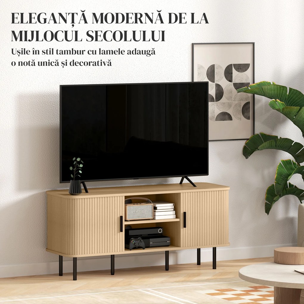 HOMCOM Dulap TV cu 2 Dulapuri, 2 Rafturi și 2 Orificii pentru Cabluri, Mobilier TV din Lemn, 120x40x55 cm, Lemn Natural | Aosom Romania