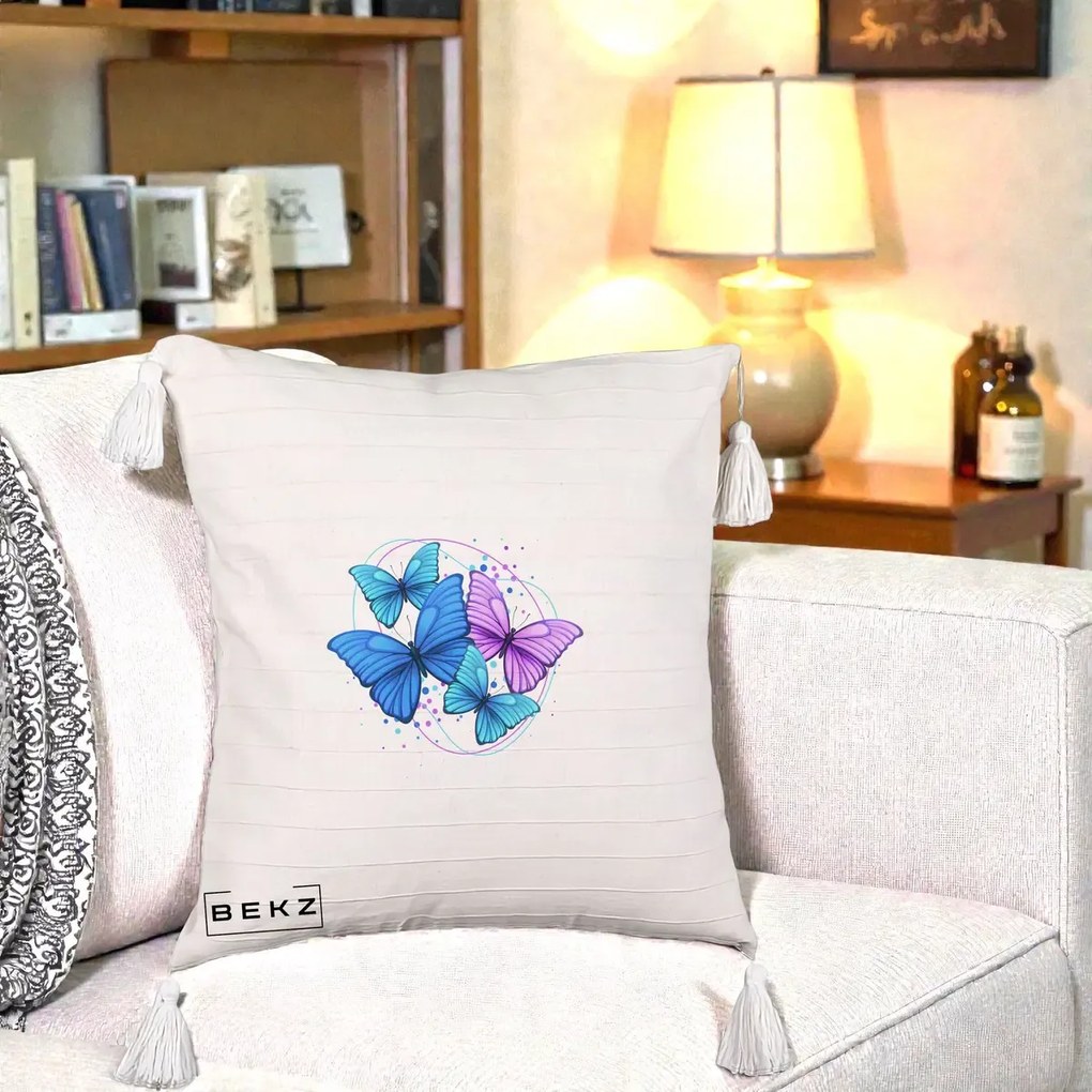 Perna Decorativa Patru Fluturi Turcoaz-Violet, 40x40 cm, Bej cu Franjuri, Husa Detasabila, Perna Inclusa, BEKZ®