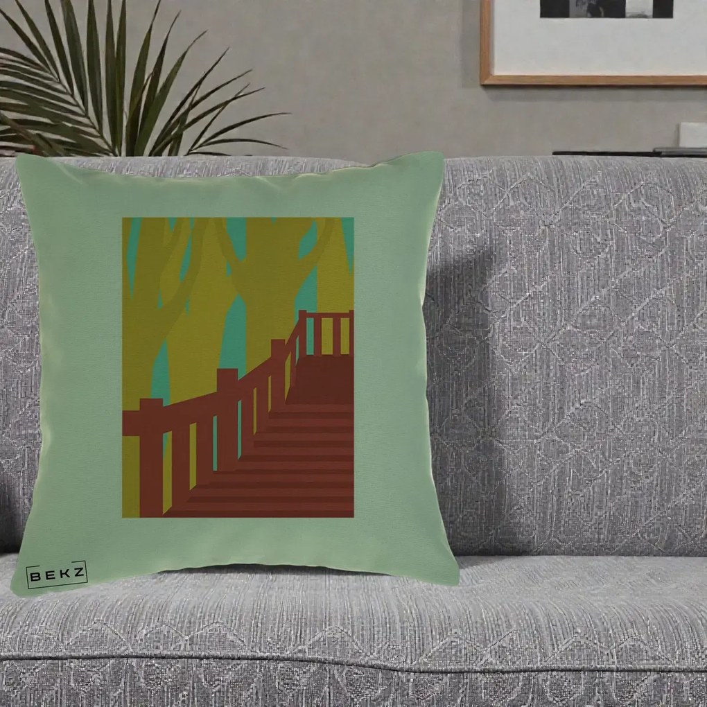 Perna Decorativa Scari Toamna Peisaj Grafic, 40x40 cm, Verde, Husa Detasabila, Perna Inclusa, BEKZ®