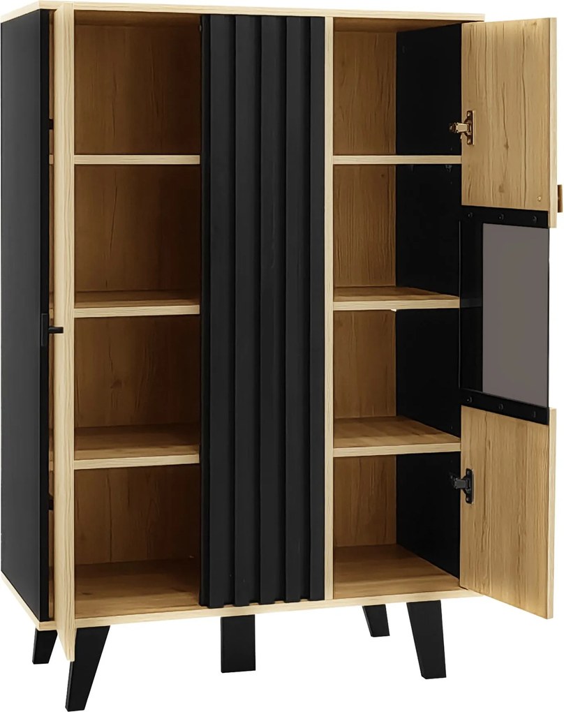 Dulap auxiliar cu vitrină, iluminare LED și sticlă, 80x40x120 cm, Culoare naturală+Negru