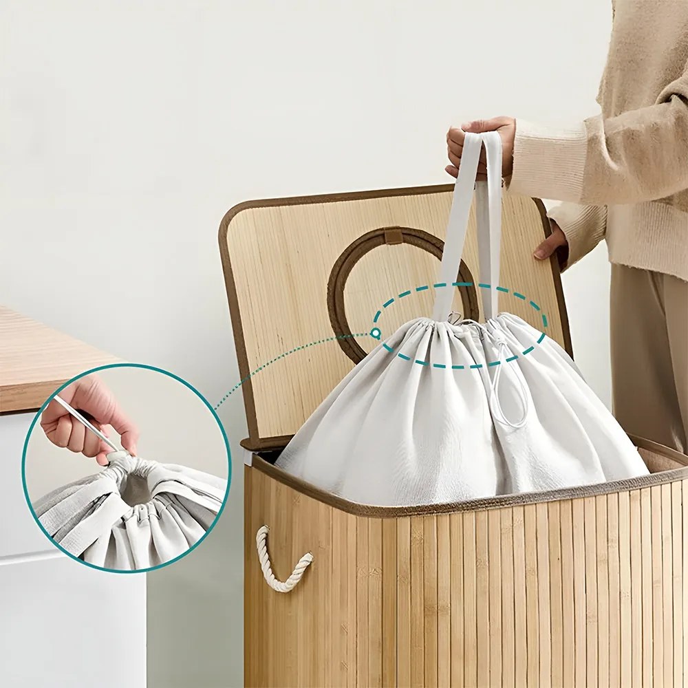 Coș de rufe din bambus cu plasă detașabilă