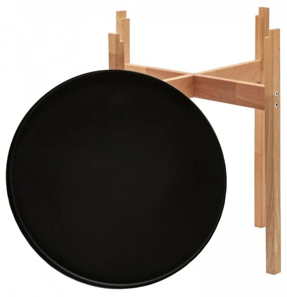 Masuta cafea rotunda cu blat detasabil HouseXL® B-Wood Coffe Tray Table , Din lemn masiv, Diametru 46 cm, Blat metalic transformabil in tava servire