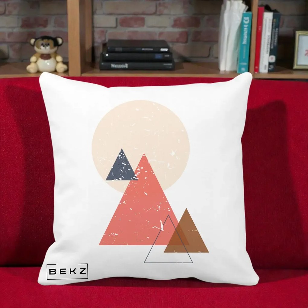 Perna Decorativa Geometric Munti si Soare, 40x40 cm, Alba Mata, Husa Detasabila, Perna Inclusa, BEKZ®