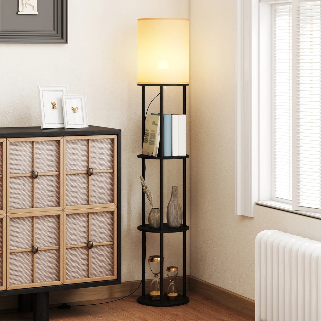 HOMCOM Lampadar cu polițe, 3 temperaturi de culoare, telecomandă pentru living dormitor birou negru | Aosom Romania