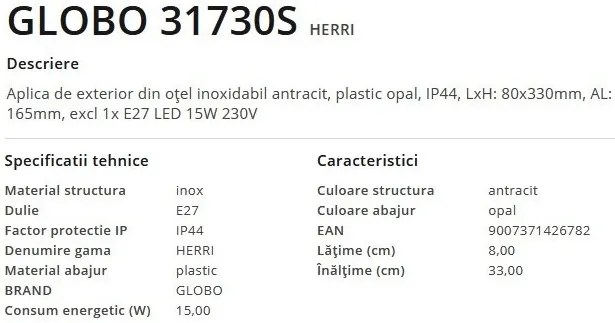 Aplica de perete pentru iluminat exterior cu senzor de miscare IP44 Herri antracit