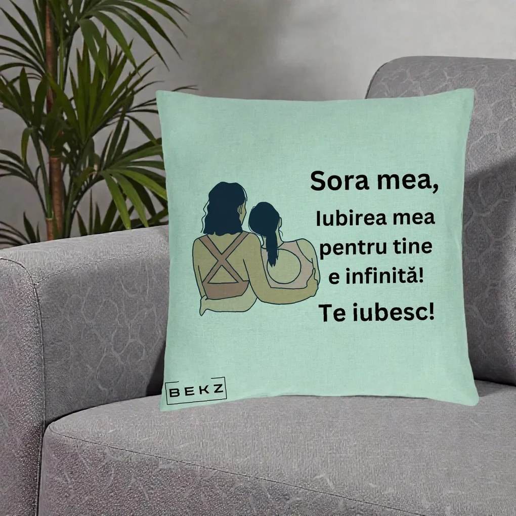 Cadou pentru Sora - Perna Personalizata Sora Mea Te Iubesc Doua Fete Fashioniste Line Art, 40x40 cm, Verde Menta, Husa Detasabila, Perna Inclusa, BEKZ®