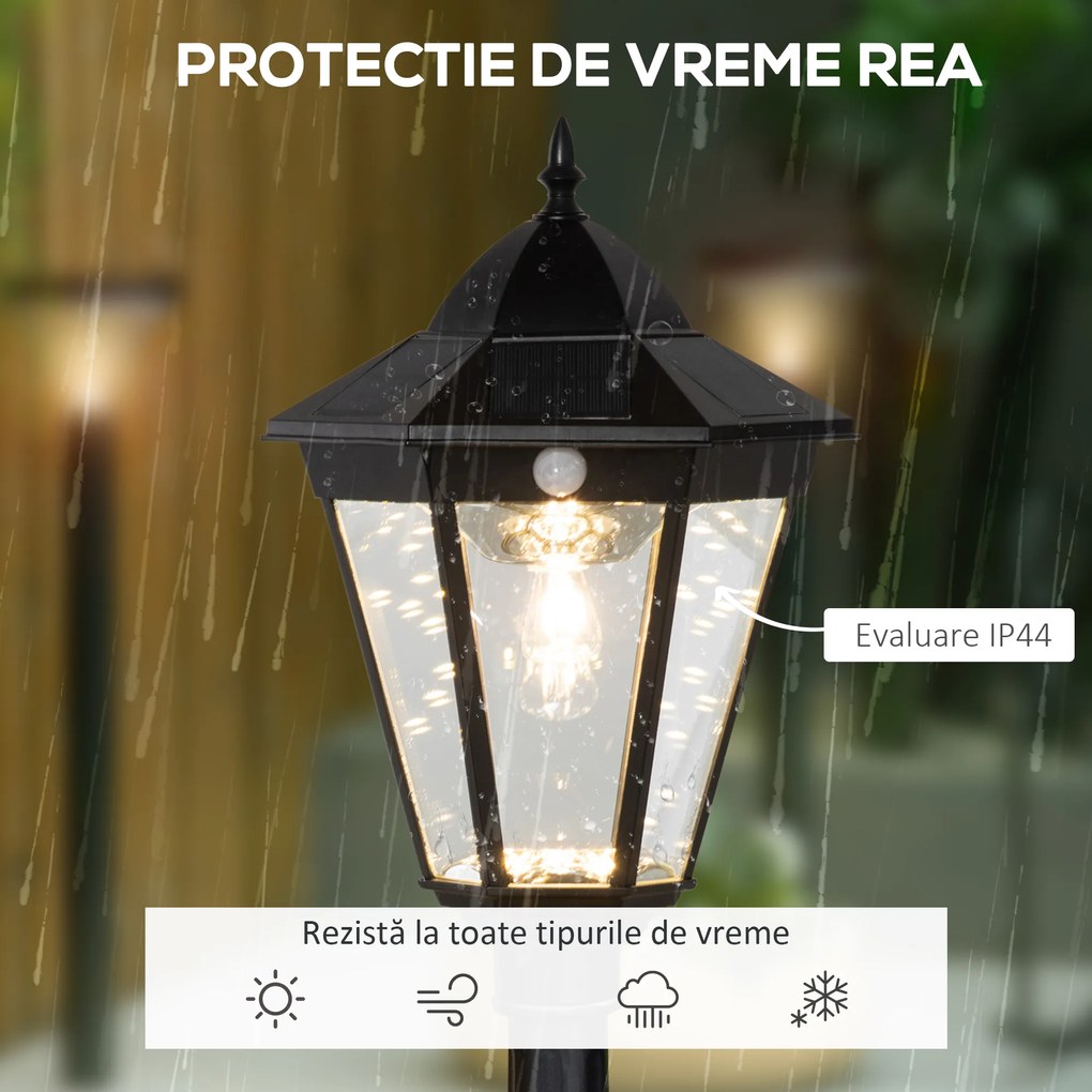 Outsunny Stâlp Solar de Grădină cu Lumină LED și Senzor de Mișcare, Negru | Aosom Romania