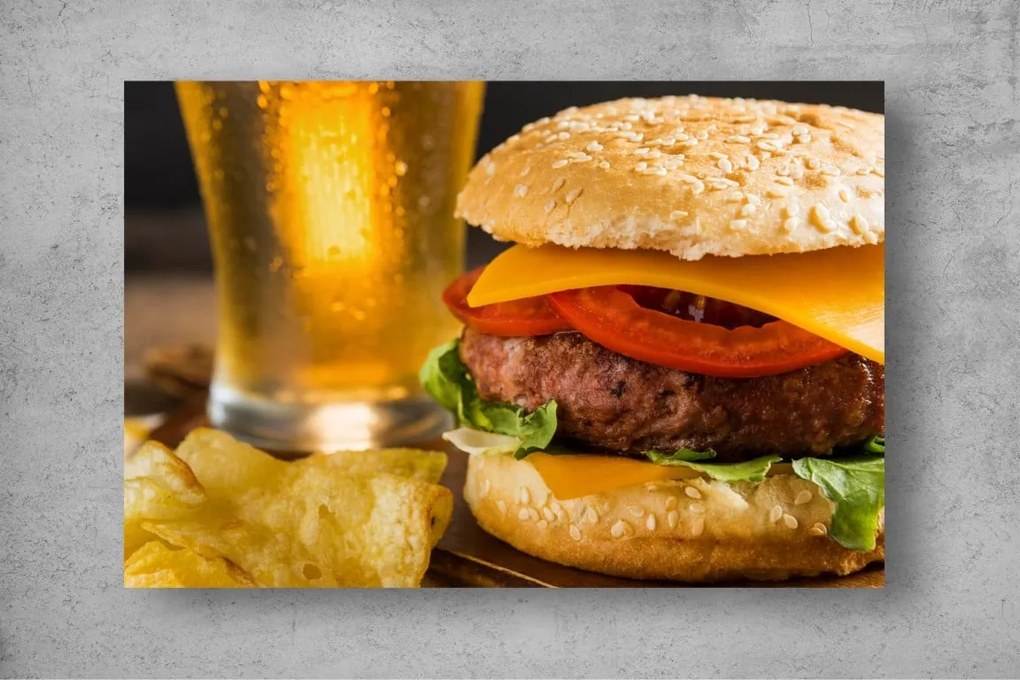 Tapet Premium Canvas - Burger cu chipsuri si pahar de bere