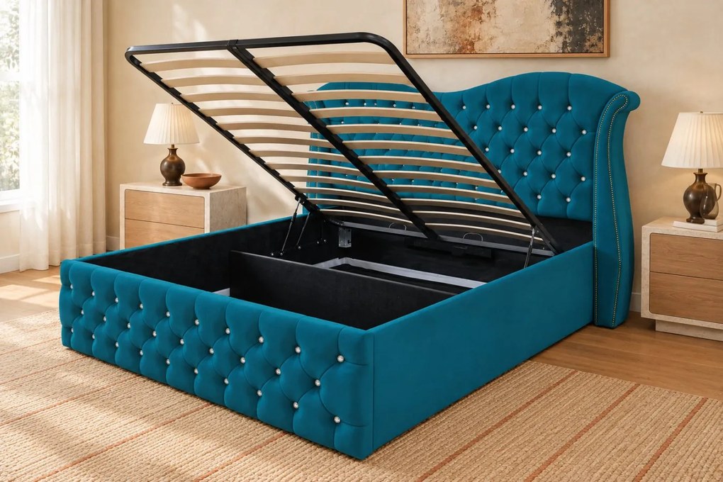 Pat tapițat Chesterfield Avella 160×200 cm, turcoaz, cu ladă de depozitare