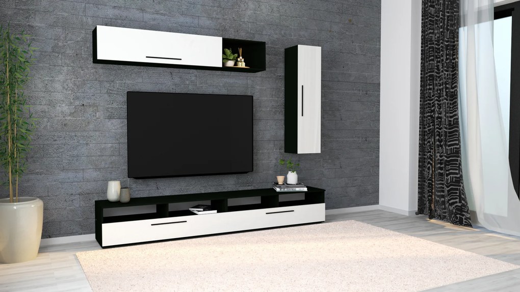 Living haaus Haga V13, Alb Lucios/Negru, MDF, L 240 cm