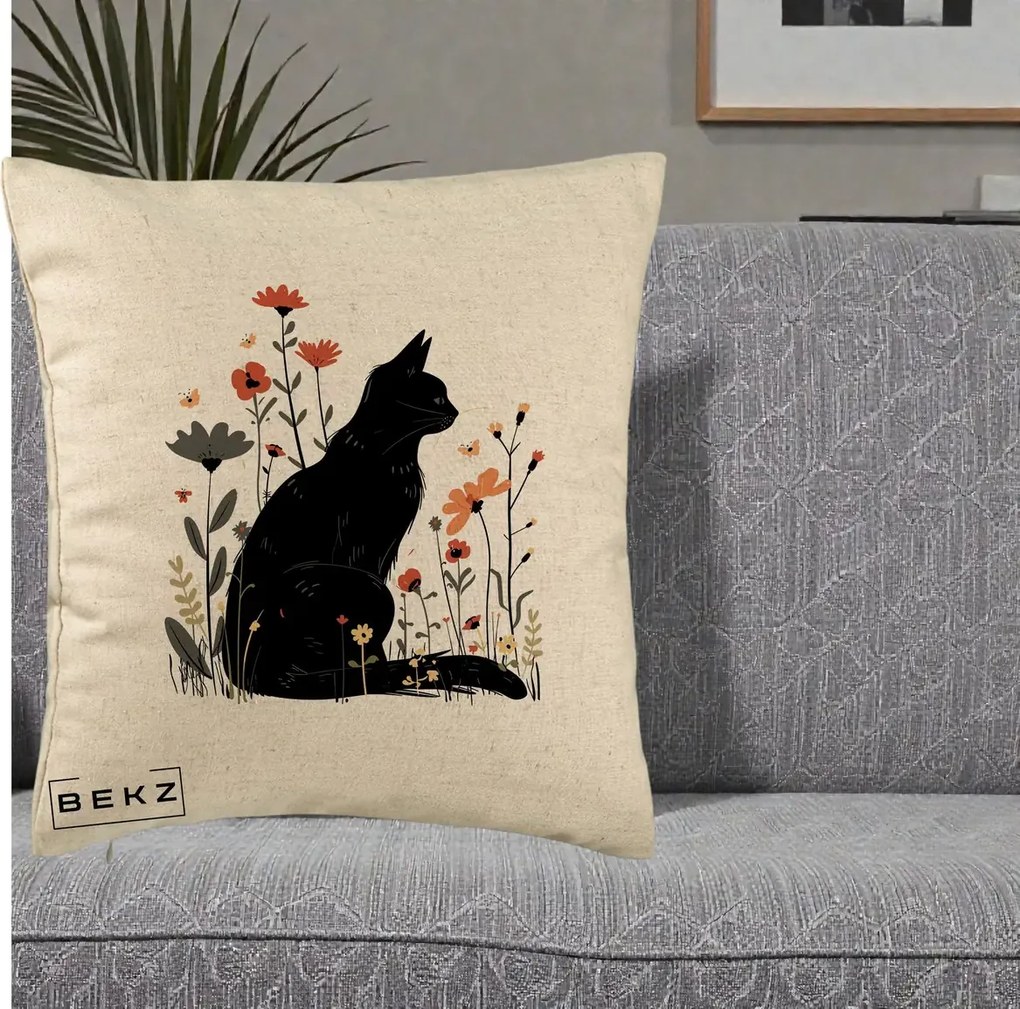 Perna Decorativa Pisica Neagra Profil Flori Portocalii, 40x40 cm, Bej, Husa Detasabila, Perna Inclusa, BEKZ®