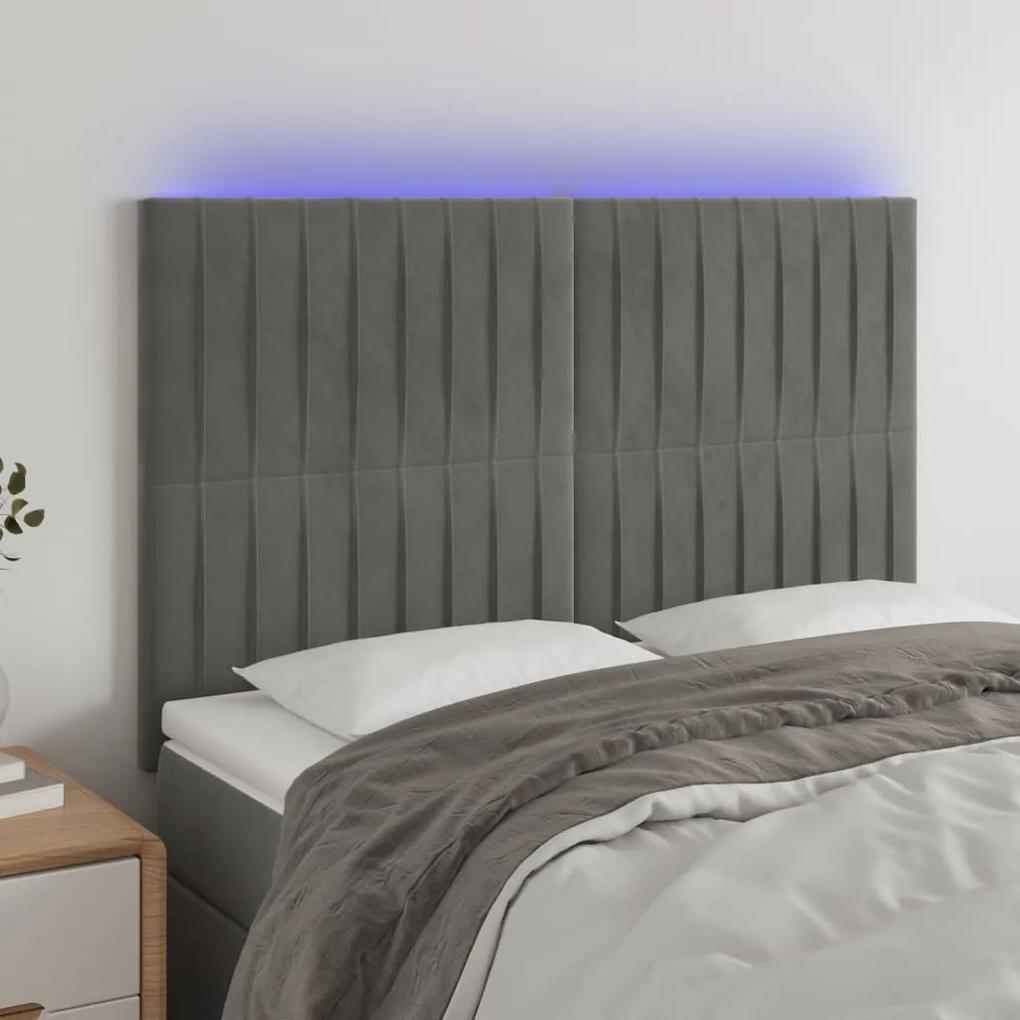 3122710 vidaXL Tăblie de pat cu LED, gri deschis, 144x5x118/128 cm, catifea
